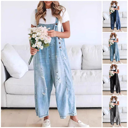 💖LAST DAY SALE 50% OFF💖Women's Cute Casual Button Jumpsuit Ripped Denim Overalls