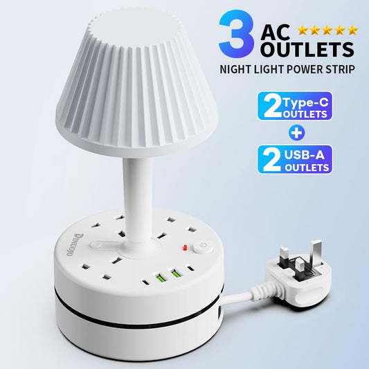 UK Power Strip with Built‑in Desk Lamp, 3 UK Sockets 2 USB‑A 1 PD Port, 13A 3250W 1.8M Cable, 220‑240V Extension Lead for Home Office Hotel Cruise