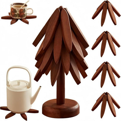 atural Tree-Shaped Wooden Decorative Trivets Set - 4 Trivets & 1 Stand, 450°F Heat Guard Kitchenware, 7.8in High Density Solid Wood Tableware, Foldable Textured Rustic Placemats & Coasters, Indoor Home Decor Items for Pots/Pans/Cups