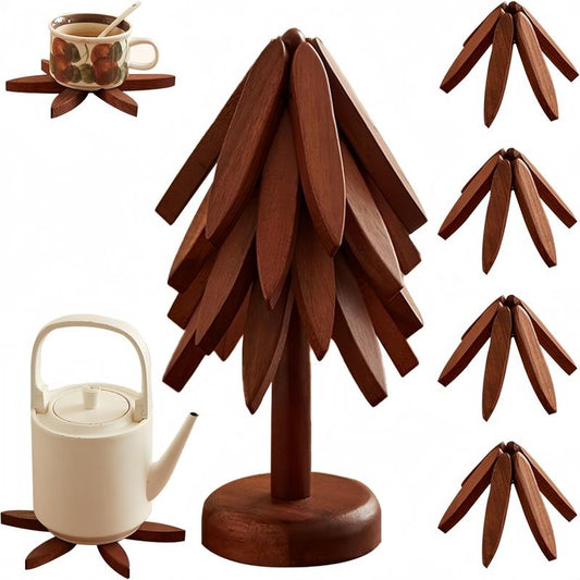 atural Tree-Shaped Wooden Decorative Trivets Set - 4 Trivets & 1 Stand, 450°F Heat Guard Kitchenware, 7.8in High Density Solid Wood Tableware, Foldable Textured Rustic Placemats & Coasters, Indoor Home Decor Items for Pots/Pans/Cups