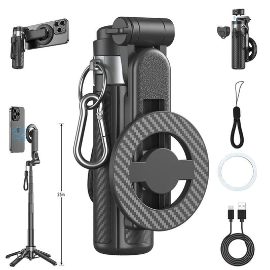 Upgraded Magnetic Selfie Stick, 360° Angle Control Rotatable Bracket, 25 in Extendable Compact Bluetooth Accessory, Compatible with iPhone, Smartphone, Cellphone, for Selfies, Recording