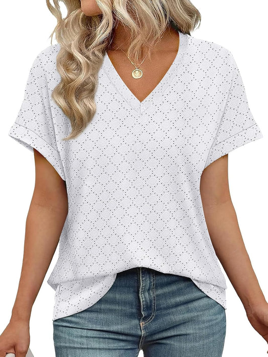 💖Summer Hot Sale 50% Off💕2025 Women's V Neck Eyelet Dressy Casual Basic Short Sleeve Tees