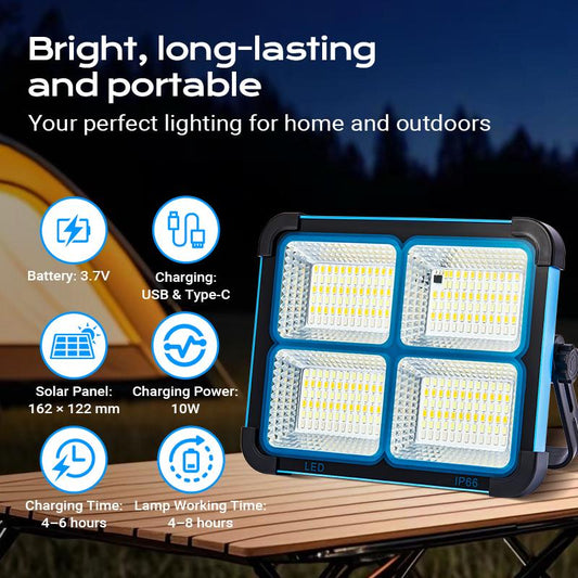 🔥🎁Hot Sale 50% OFF💡Solar Rechargeable LED Work Light – 288 Beads, IP66, Magnetic, 5 Modes + SOS, USB-C, for Home, Camping & Auto