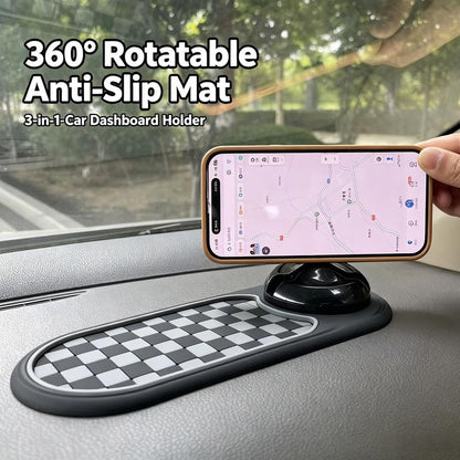 3-in-1 Rotatable Car Dashboard Checkered Anti-Slip Mat - Phone Holder for Car with Parking Number Display, Auto Accessories Interior, Universal Compatible Mounts & Holders