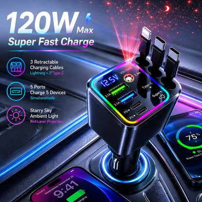 7 in 1 Retractable Car Charger 120W Super Fast Charging PD 20W USB A 65W 3 Tangle Free Retractable Cables Charge 7 Devices Simultaneously Starry Sky Light 1 Click Galaxy Projector LED Voltage Display Smart Chip Universal for iPhone Samsung Android iPad su