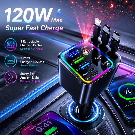 7 in 1 Retractable Car Charger 120W Super Fast Charging PD 20W USB A 65W 3 Tangle Free Retractable Cables Charge 7 Devices Simultaneously Starry Sky Light 1 Click Galaxy Projector LED Voltage Display Smart Chip Universal for iPhone Samsung Android iPad su