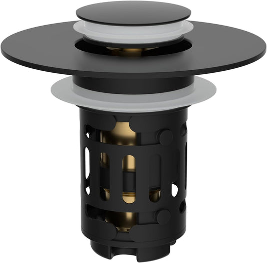 Upgraded 3-in-1 Bathroom Sink Drain Strainer, Universal Pop-Up Plug, Removable Stainless Steel Basket-Style Hair Catcher, 1.1–2.36-inch Sink Plug, Brass Cartridge, Matt Black