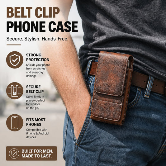 Belt Phone Holder with Magnetic Closure – Sturdy Smartphone Holster with Clip, Belt Loop & Card Slot