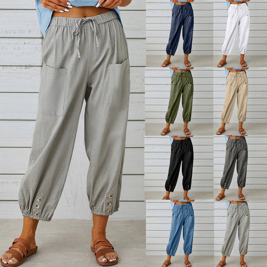 2025 New Women's Summer Cotton Linen Trousers Nine Minute Trousers