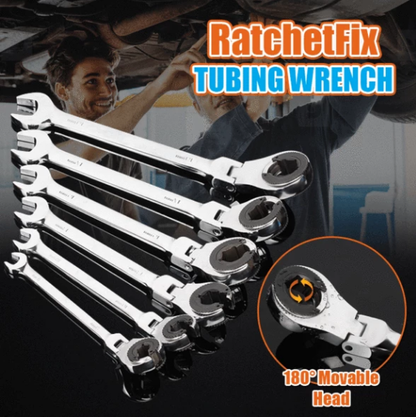 Flare Nut Wrennch Set 7-in-1, Ratcheting Line Wrench Metric 8-14mm 72-Tooth Ratchet for Brake Line, Fuel Line & Tubing Fittings, 6 Sockets 8-13mm, 180° Flex Head, CR-V Steel, Storage Cas