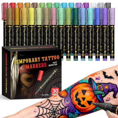 Cosmetic Grade Temporary Tattoo Markers for Skin, 10/15/30 Vibrant Colors Flexible Brush Tip Pens, 30 Colors+12 Stencils, High Detail, Face Makeup Halloween, None Toxic, Office Stationery Writing Tool
