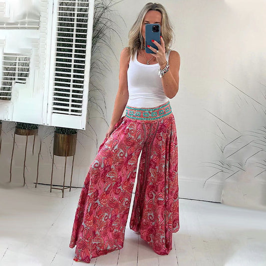 💕Ethnic Paisley Print Elastic Patchwork-Waist Lightweight Pants🌸