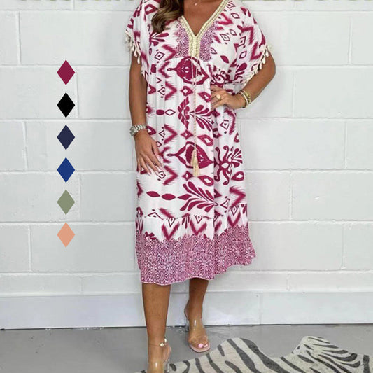 🎁HOT SALE 50% OFF💕Printed Casual Dress With V-Neckline and Fringes on the Short Sleeves