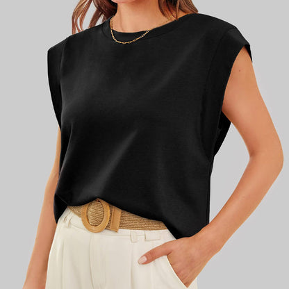 💥Limited time 7.99! 🩷 Solid Color Round Neck Cap Sleeve Top
