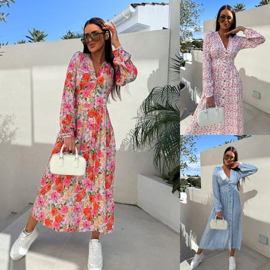 🌷Hot Sale 50% OFF🌸Fashion V-Neck Button Long Sleeve Floral Waist Dresses