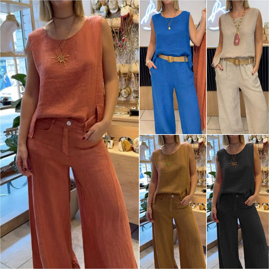 ⏳Limited time 49% off! 🍃Solid Color Sleeveless Top & Wide Leg Pants 2-PCS Set