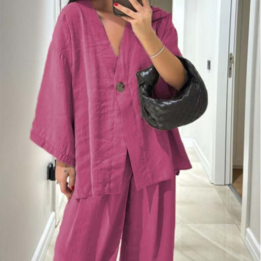 🔥2025 New arrivals - 50% OFF🌺Women's V-Neck Top & Wide-Leg Pants Solid Color 2-Piece Set