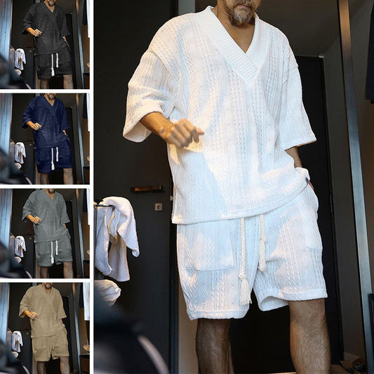 😎Hot Sale 50% OFF🕶Men's Casual Solid Color V-Neck Short Sleeve Top & Shorts Two Piece Set