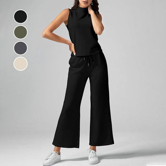 💕2025 Hot Sale 49% OFF🔥2025 New Women's Solid Color Two-Piece Set Sleeveless Turtleneck Top & Wide Leg Pants