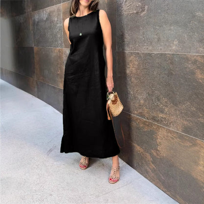 Women's Solid Color Button Side Split Sleeveless Dress