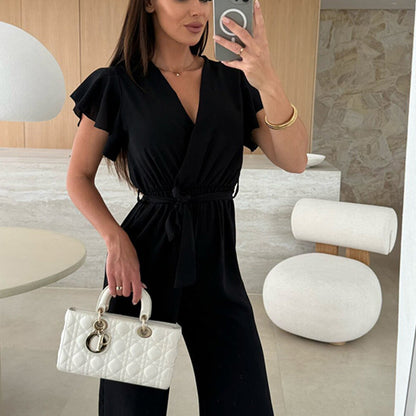 Women's Fashion Solid Color V-Neck Ruffle Sleeve Wide-Leg Jumpsuit