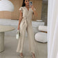 Women's Fashion Solid Color V-Neck Ruffle Sleeve Wide-Leg Jumpsuit