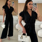 Women's Fashion Solid Color V-Neck Ruffle Sleeve Wide-Leg Jumpsuit