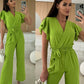 Women's Fashion Solid Color V-Neck Ruffle Sleeve Wide-Leg Jumpsuit