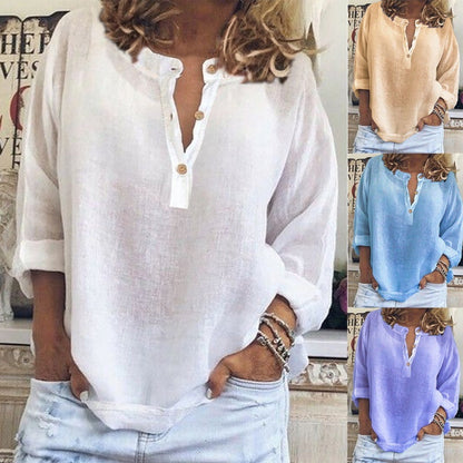 🌸New Arrival 50%OFF🌈 Womens Casual Button V Neck Long Sleeve Shirts Oversized Solid Blouses Tops
