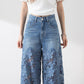 🌸New Arrival 50%OFF💖 Women's High-Waisted Blue Denim Wide-Leg Pants (Hollow-out Lace Panels)