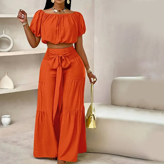 🌸New Arrival 50%OFF💖 Off-Shoulder Puff Sleeve Top with Wide-Leg Pants 2-Pieces Set