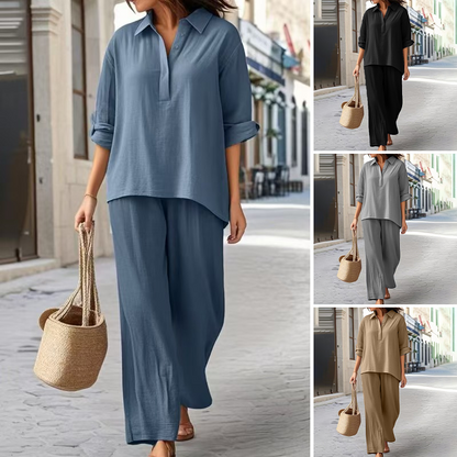 🌸New Arrival 50%OFF🌈 Solid Color Cotton Linen Shirt & Wide Leg Pants Set