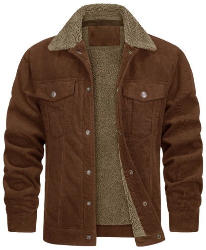 Men's Corduroy Jacket, Sherpa Lined, Cargo Jacket, Cotton, Turn-Down Collar, Winter, Warm, Casual, Work Coat with 5 Pockets