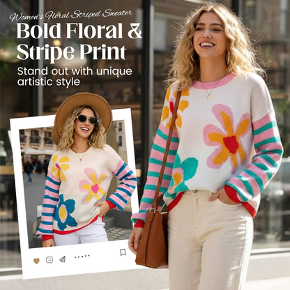 Women’s Color-Block Floral Striped Pullover Sweater