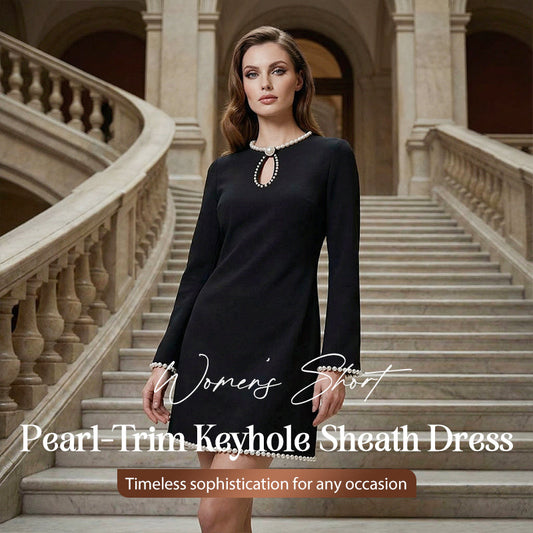 ✨🔥Women’s Short Faux Pearl-Trim Keyhole Sheath Dress👚