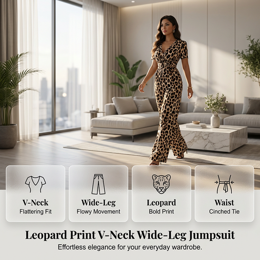 👗 50% OFF NOW! 🐆 Leopard Print V-Neck Wide-Leg Jumpsuit – Chic, Flattering Fit & Perfect for Day or Night 🌸