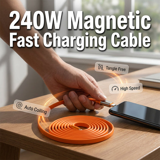 🔥240W Magnetic Self-Winding Type-C Cable | Ultra-Durable Braided Flat Design - Tangle-Free Fast Charging