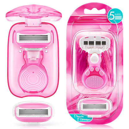 💥Up to 50% off！💥Women’s Travel Razor with Case 🐾 – 5-Blade, 360° Lubrication, 60° Pivoting Head, Cute Cat Paw Non-Slip Handle, Mini Portable Size