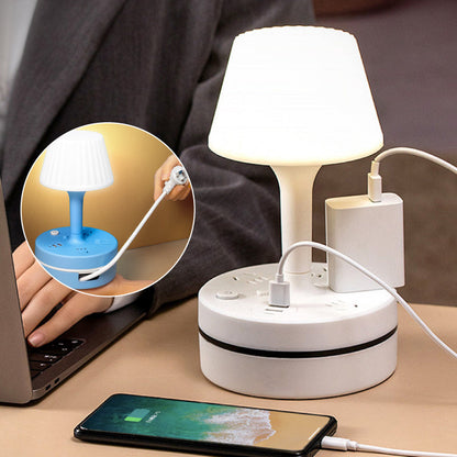 3-outlet power strip with 2 USB-A and 2 USB-C ports, featuring a built-in desk lamp, compatible with 220V-240V, maximum power 3250W, 13A, 1.8m cable, suitable for home, kitchen, outdoor, hotel, office, and cruise vacation use
