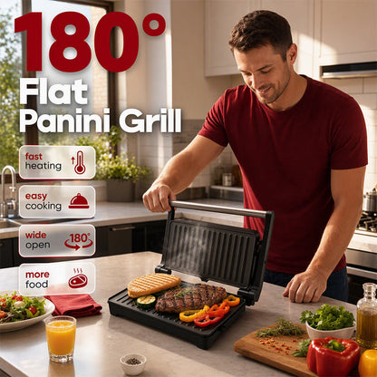 🍳50% OFF NOW! Electric Sandwich Press and Panini Maker with 180‑Degree Flat Grill, Fast‑Heating Non‑Stick Indoor Countertop Grill for Steak, Burgers & Toasted Sandwiches