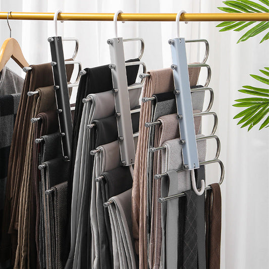 6 -Tier Stainless Steel Multi-Tier Hanging Trouser Rack - Self-Assembly, Non-Slip, Rust-Resistant Compact Hanger with 5 Extra No-Clip Hooks, Closet Organization Home Supply for Home Closets and Apartments