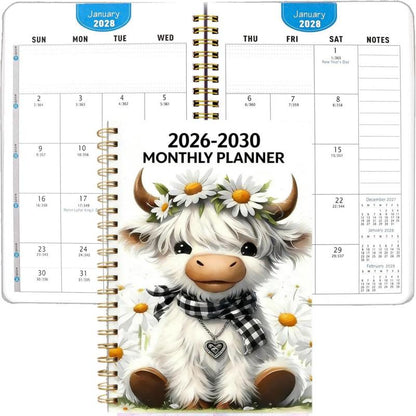 2026-2030 Calendar - From January 2026 to December 2030, 5-year calendar, cartoon Highland cow themed cover design, annual calendar planning, month labels, 60-month calendar