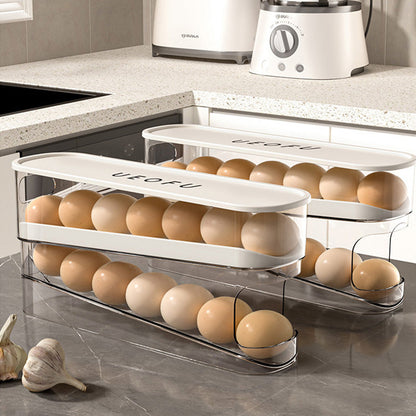 Automatic Rolling Egg Holder - Transparent Kitchen Fridge Organization Storage Container, Refrigerator & Countertop Large Appliance Accessory