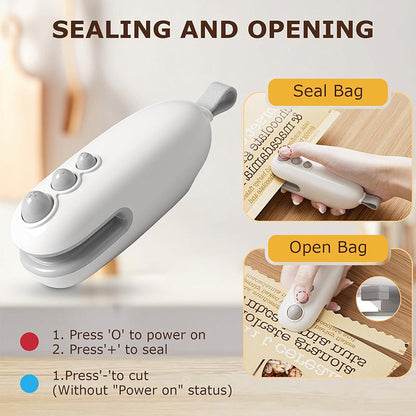 Mini snack bag sealing machine,Portable mini plastic bag sealer 2 in 1, plastic material, rechargeable, suitable for sealing and sealing snacks, coffee and pet food packaging Kitchen Preservation