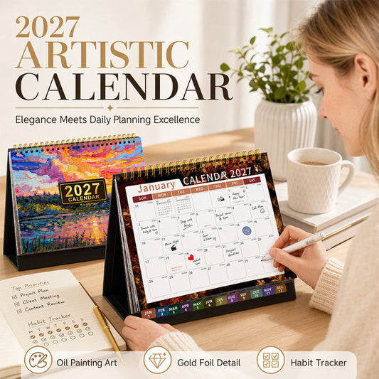 📅 2027 Desk Calendar & Habit Tracker – Artistic Oil Painting Monthly Planner for Work & Study