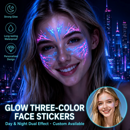 Halloween Glow-in-the-Dark Face Decals – Tri-color Fluorescent Lightning Design (Full-Face Sticker for Cosplay Parties)
