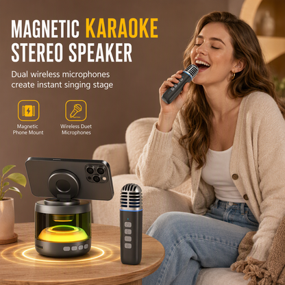 2026 Newest Portable Bluetooth Karaoke Audio Speaker System - Mini Speaker with Magnetic Phone Stand, 2 Wireless Lavalier Mics, Lyrics Display, LED Light, TF Card Input, TWS Support