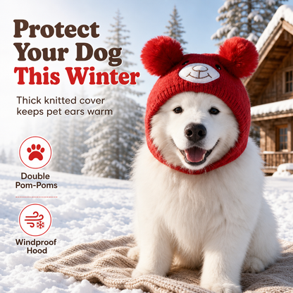 🐶 Plush Dog Winter Hat – Warm Ribbed Knit Hood with Double Pom-Poms
