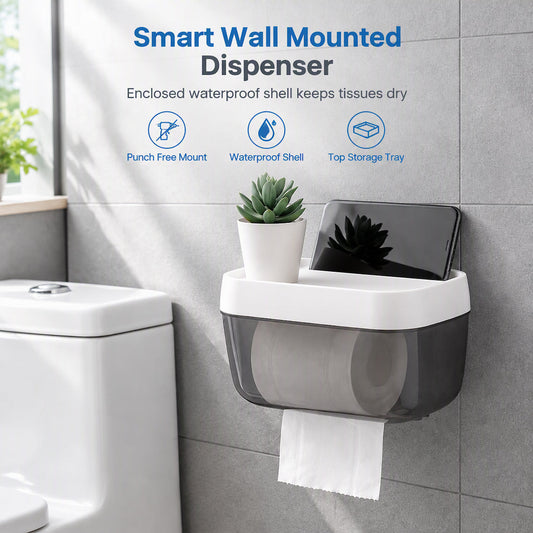 Punch Free Wall Mounted Bathroom Toilet Paper Holder and Tissue Dispenser with Storage Shelf