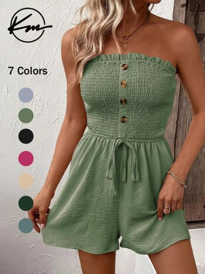 🎉Last Day Promotion 50% OFF💃Women's Strapless Frill Trim Shirred Tie Front Wide Leg Tube Romper